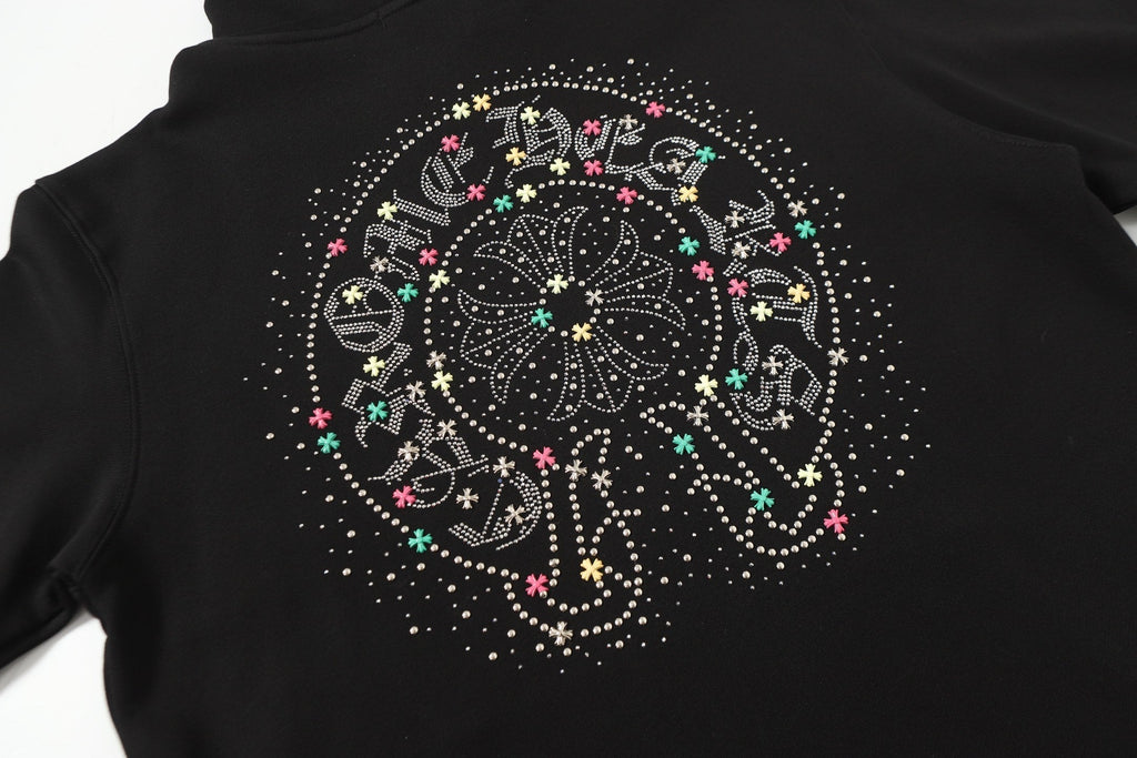 Chrome-Hearts Colorful Rhinestone Hoodie - Black Gothic Street Sweatshirt 2608